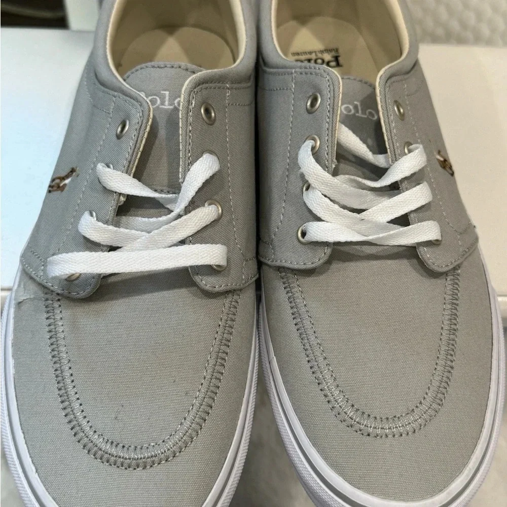 POLO RALPH LAUREN men Canvas Boat Shoes Gray Brown Pony Sz: 11